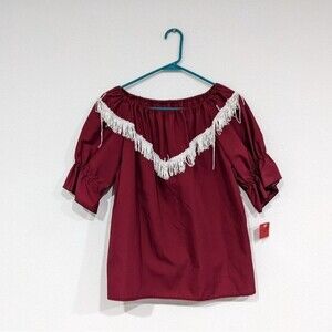 Vintage Fun & Fancy Originals Square Dance Blouse Fringe Burgundy Women's Small